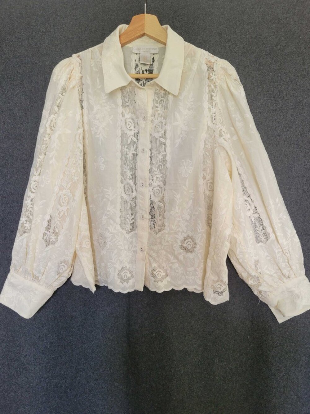 Caroline Constas Cream Embroidered Lace Buttoned Up Blouse Long Sleeve M Romance